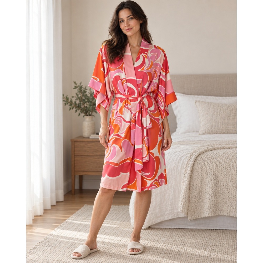 Natori Robe OS Pink Orange White Psychedelic Swirl Retro Mod Kimono Loungewear